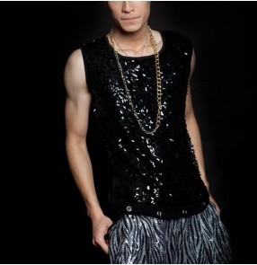Black Sequins and spandex patchwork  fashion men's male stage performance party night club jazz ds singer hip hop dance tops vests 